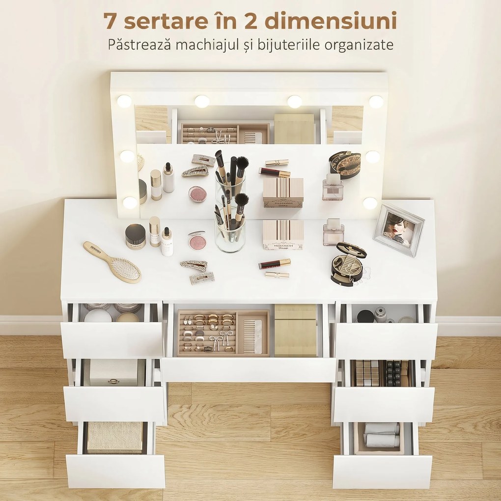 HOMCOM Masă de Machiaj cu Oglindă, 8 Lumini LED, Scaun și 7 Sertare Alb | Aosom Romania