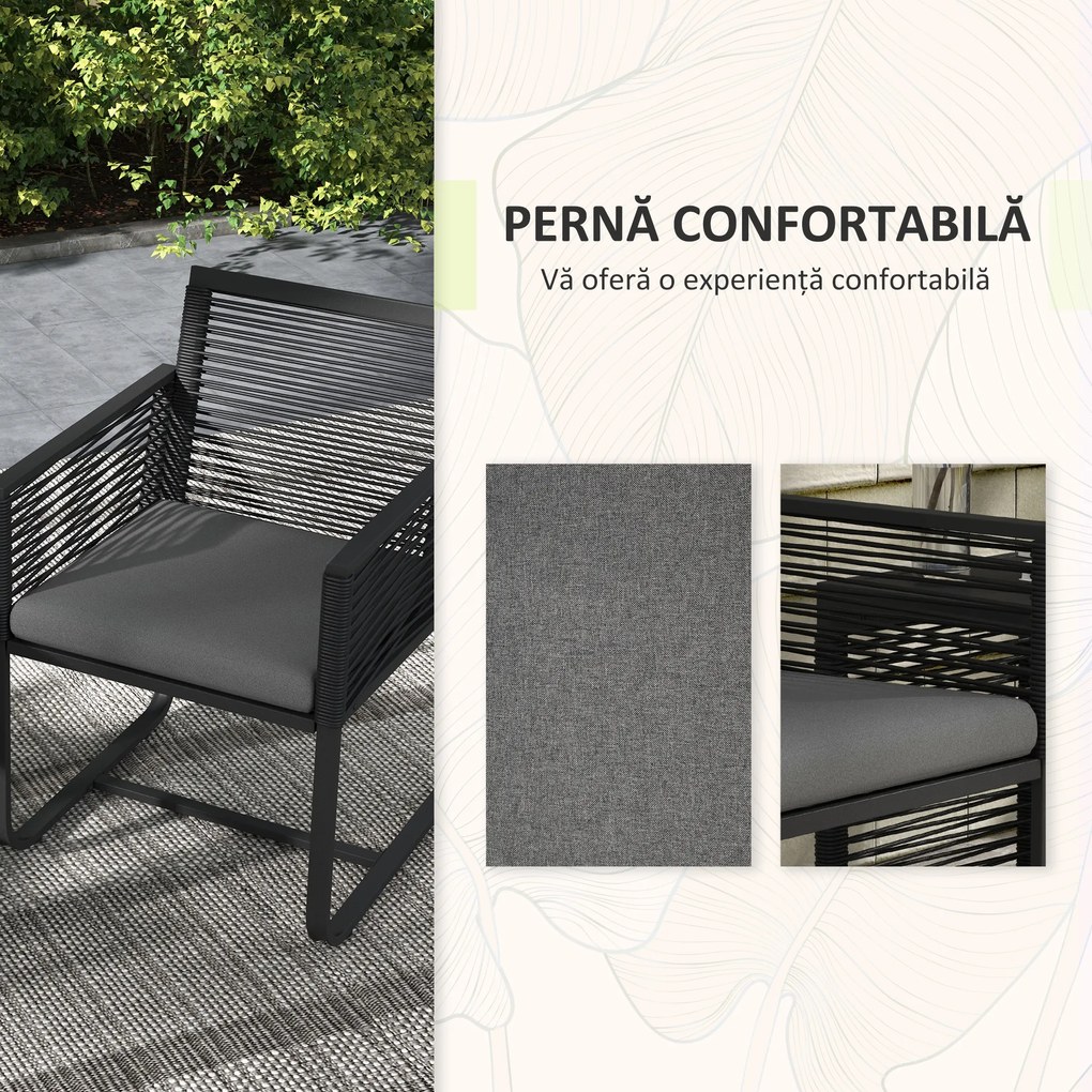 Outsunny Set de Mobilier de Grădină din 3 Piese din Ratan, Set cu Masă din Sticlă Securizată și Perne Moi, 53x57x77 cm, Negru | Aosom Romania