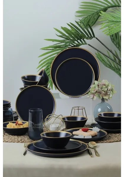 Set de veselă, 24 de piese, albastru/auriu/ceramică