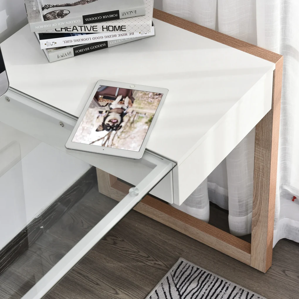 HOMCOM Masă de Birou Elegantă din Lemn și Sticlă Temperată, Design Modern cu Sertar, pentru Acasă sau Birou, 120x60x75cm | Aosom Romania