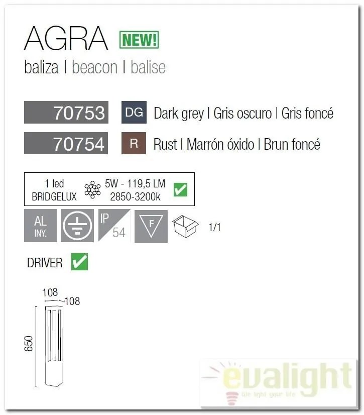 Stalp exterior LED inaltime 65cm, IP44 Agra 70753