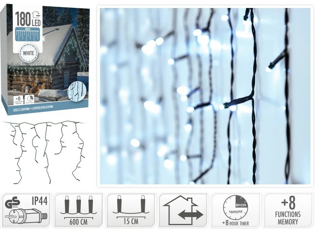 Lanț de exterior Țurțuri 6 m, 180 LED, alb rece,temporizator, IP44, 6 m