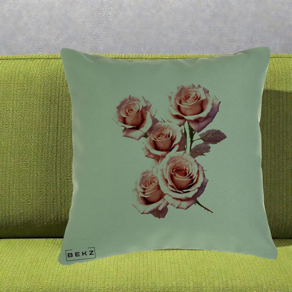 Perna Decorativa Trandafiri Roz Pastel Acuarela, 40x40 cm, Verde, Husa Detasabila, Perna Inclusa, BEKZ®
