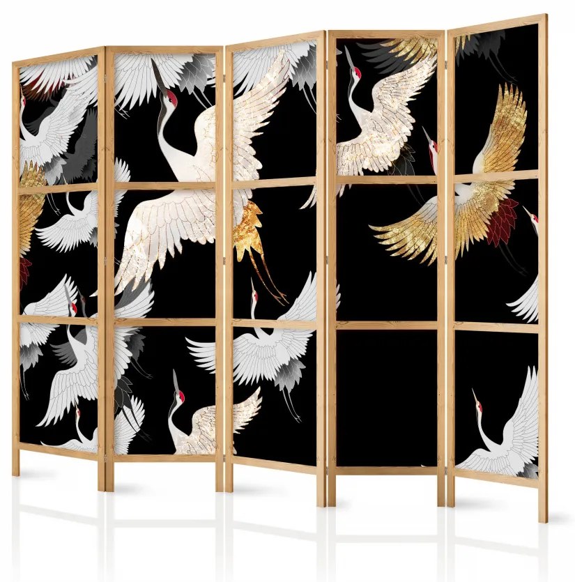 Paravan japonez - Cranes at Night - Golden-White Birds Flying Away on a Black Background