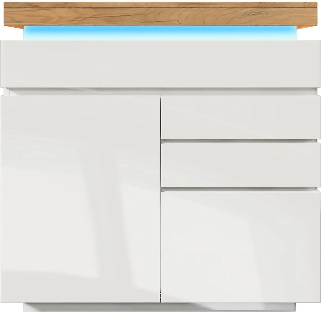 Comodă cu 2 uși &amp; 3 sertare, iluminare LED, dulap multifuncțional pentru living și dormitor, 110x39x115 cm, Alb