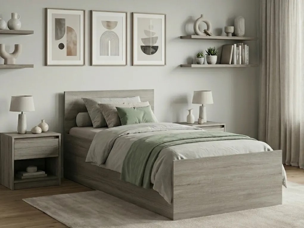 Pat de o persoana stejar trufat, SOFIA 90 x 200 cm Saltele: Cu saltele Deluxe 10 cm, Somiera pat: Cu lamele drepte