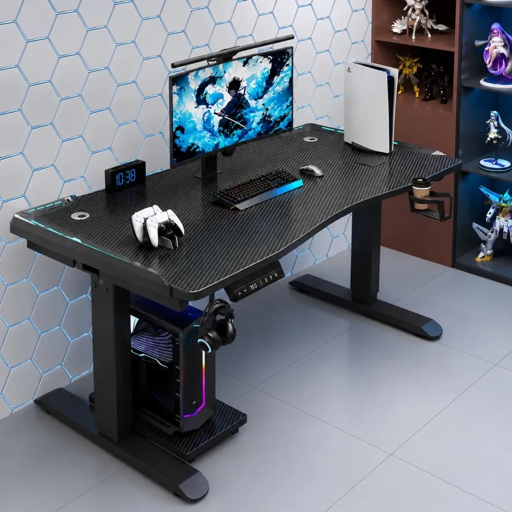 KRYON GT15 – Birou Gaming Electric, 2 Motoare, Reglare 67–112 cm, RGB, Încărcare Wireless, Memorie 3 Poziții, Blat Carbon, 120 kg, 140x60 cm, Negru