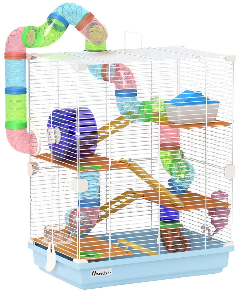 PawHut Cușcă pentru Hamsteri cu 5 Nivele, Tuburi, Rotiță, Scări, Căsuță și Sticluță, 46x30x58 cm, Albastru | Aosom Romania
