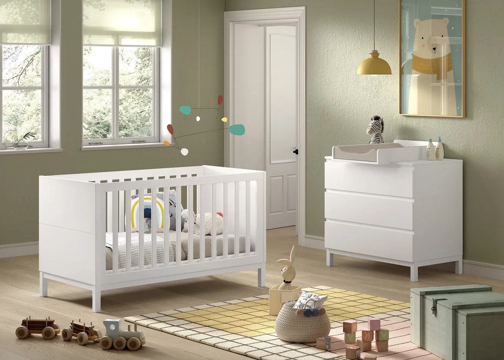 Set Mobilier Cameră Copii EVA: Pătuț Transformabil 70x140 cm, Comodă cu 3 Sertare și Masă de Înfășat, Alb – Vipack