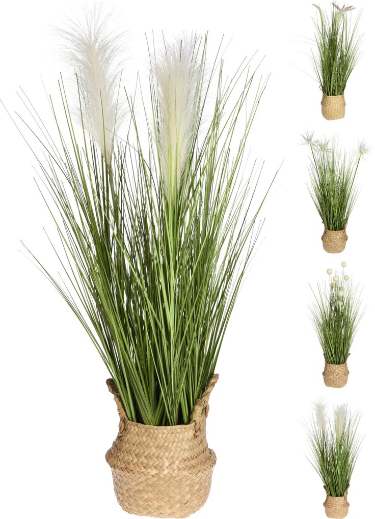 Planta artificiala Foxtail Iarba decorativa, Azay Design, verde cu diverse modele de flori albe, in cosulet impletit, pentru interior, inaltime 75 cm