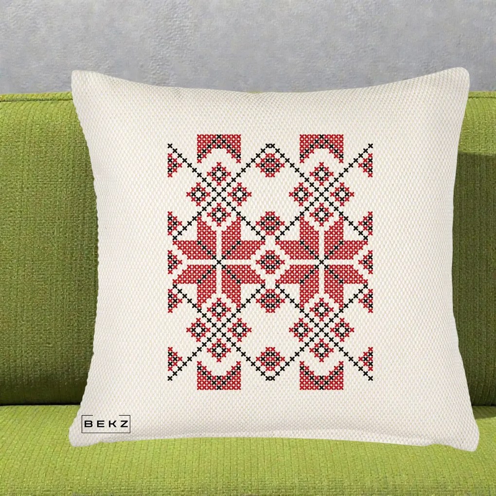 Perna Personalizata Motiv Traditional Cusatura Rosu-Negru, 40x40 cm, Crem Reliefat, Husa Detasabila, Perna Inclusa, BEKZ®
