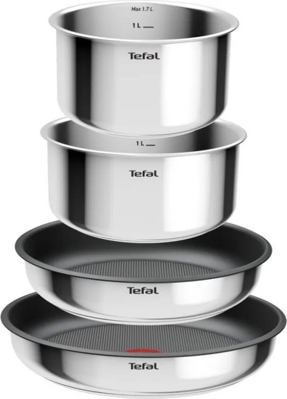 Set de tigaii si cratite Tefal L881S504, 5 piese, Otel inoxidabil, Acoperire antiaderenta din titan, Rezistente la cuptor pana la 250°C, Maner detasabil, Inductie, Argintiu