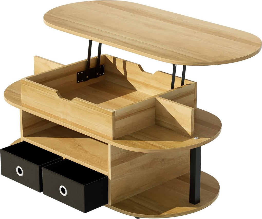 Masă de cafea cu mecanism de ridicare, spațiu de depozitare și sertare textile negre, 105x50x45 cm, Culoare naturală