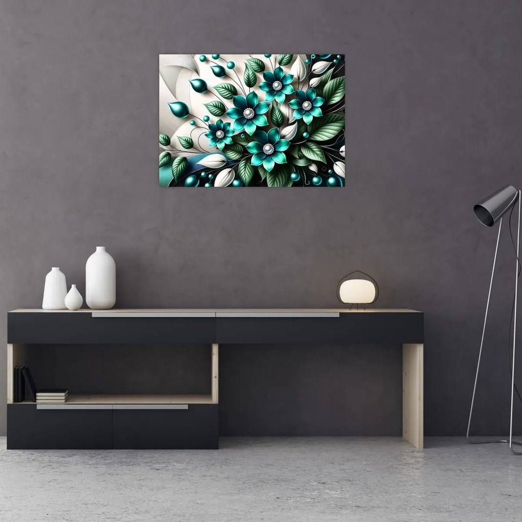 Tablou pe sticlă - Flori turcoaz 3D (70x50 cm)