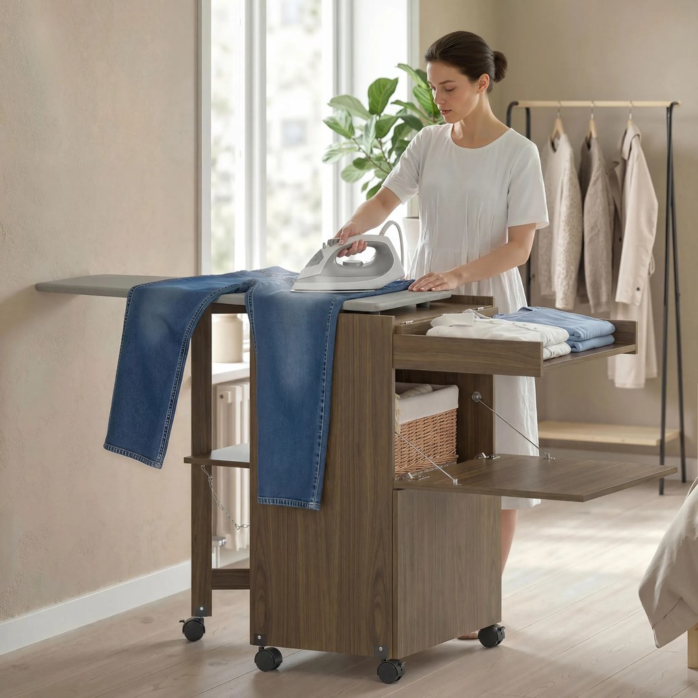 HOMCOM Dulap Masă de Călcat Pliabil cu Roți și Suport pentru Fier de Călcat, Dulap Multifuncțional cu Rafturi, Compartiment Deschis, pentru Spălătorie, Baie, 154x55x87 cm, Maro | Aosom Romania