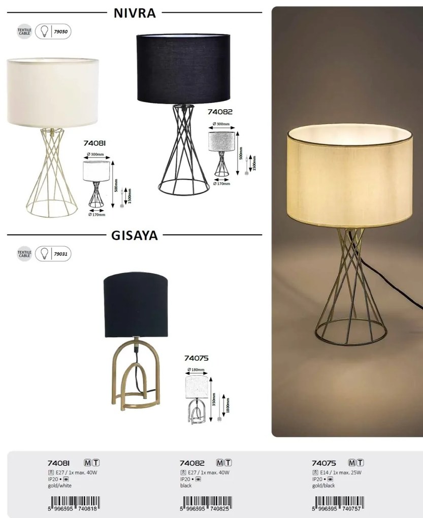 Veioza/Lampa de masa metal auriu abajur alb Nivra