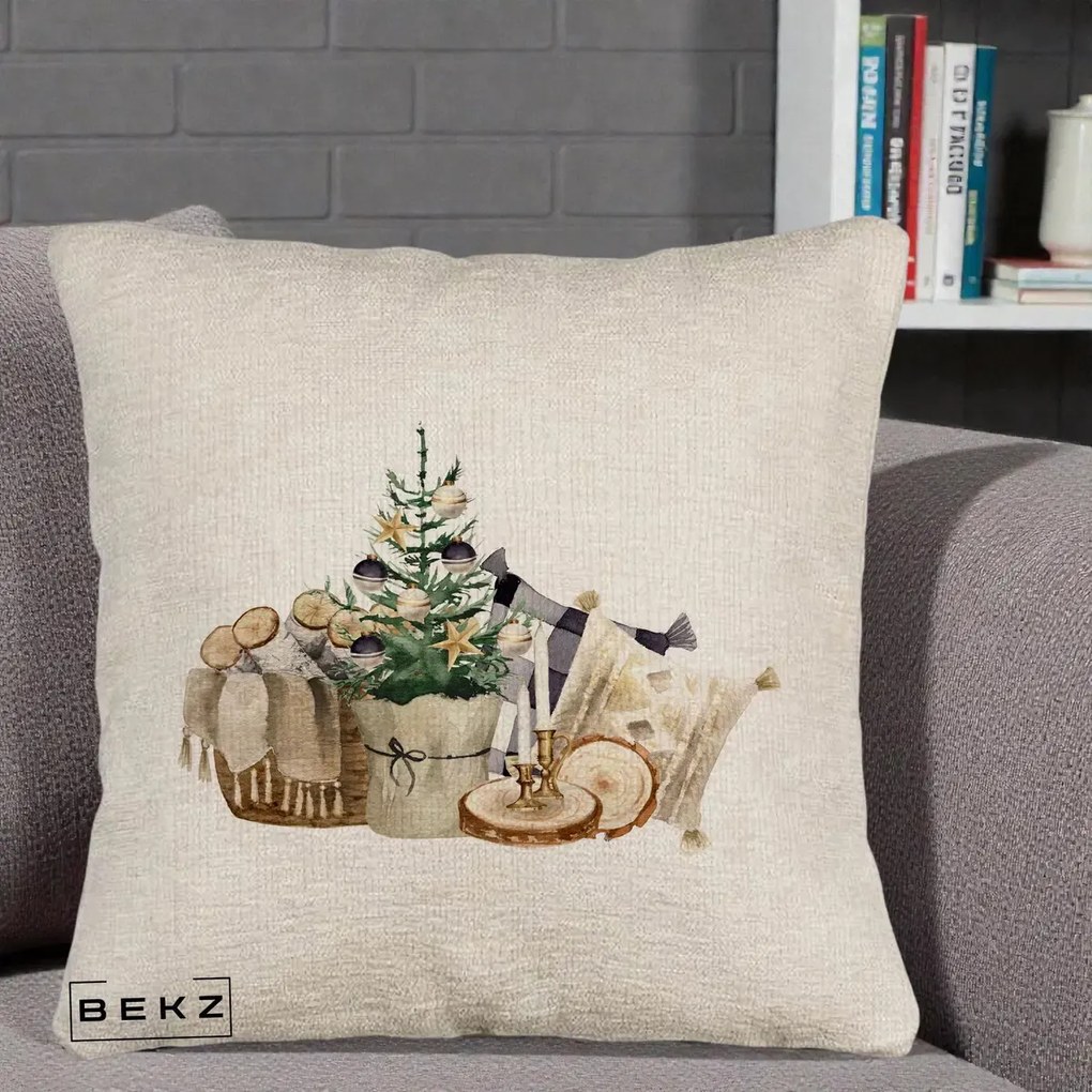 Perna Decorativa Colt Cozy de Craciun Boho, 40x40 cm, Bej Canapea, Husa Detasabila, Perna Inclusa, BEKZ®
