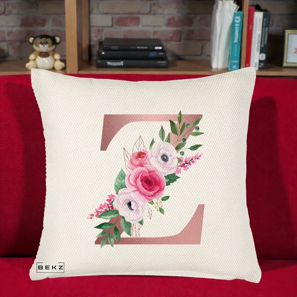 Cadou Personalizat - Perna Personalizata Monograma Rose Gold Litera Z, 40x40 cm, Crem Reliefat, Husa Detasabila, Perna Inclusa, BEKZ®