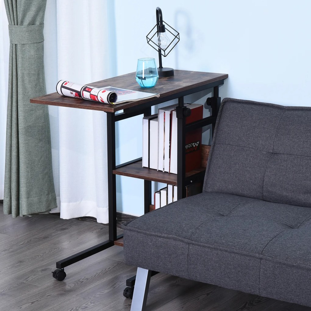 HOMCOM Masă auxiliară cu role, reglabilă pe înălțime, compactă, 2 rafturi, cadru metalic, 80x40x72-82 cm, Maro/Negru | Aosom Romania