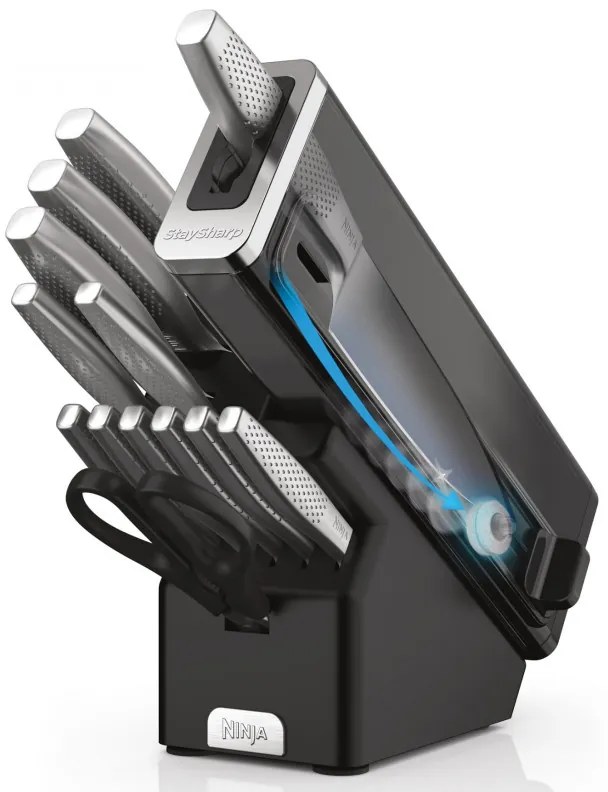 Set cutite cu ascutitor si suport Ninja K62014EUUK, 14 piese, StaySharp, Design ergonomic, Negru/Argintiu