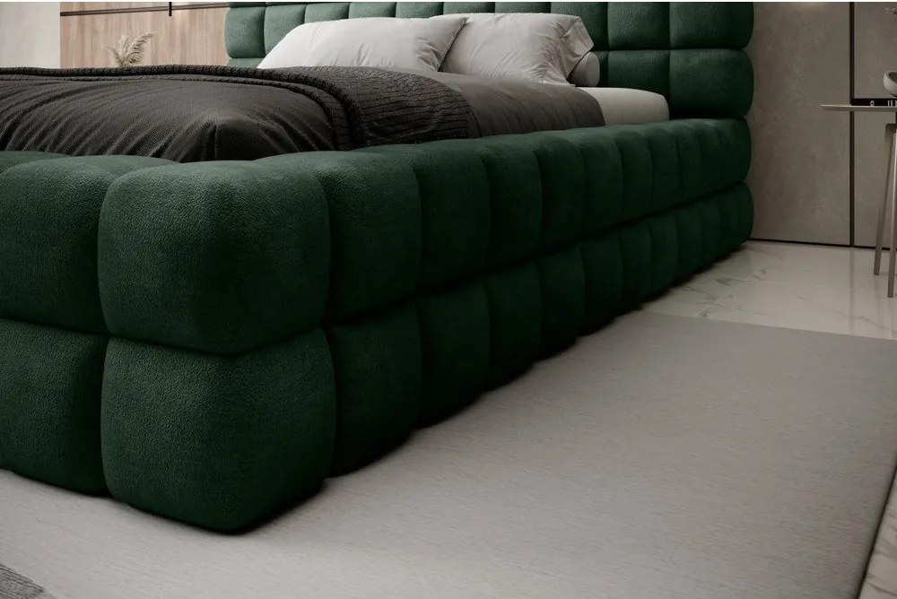 Pat matrimonial verde închis tapițat cu spațiu de depozitare cu somieră 160x200 cm Dizzle – ELTAP
