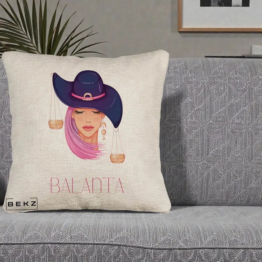 Perna Personalizata Zodiac Balanta Cowgirl, 40x40 cm, Bej Canapea, Husa Detasabila, Perna Inclusa, BEKZ®