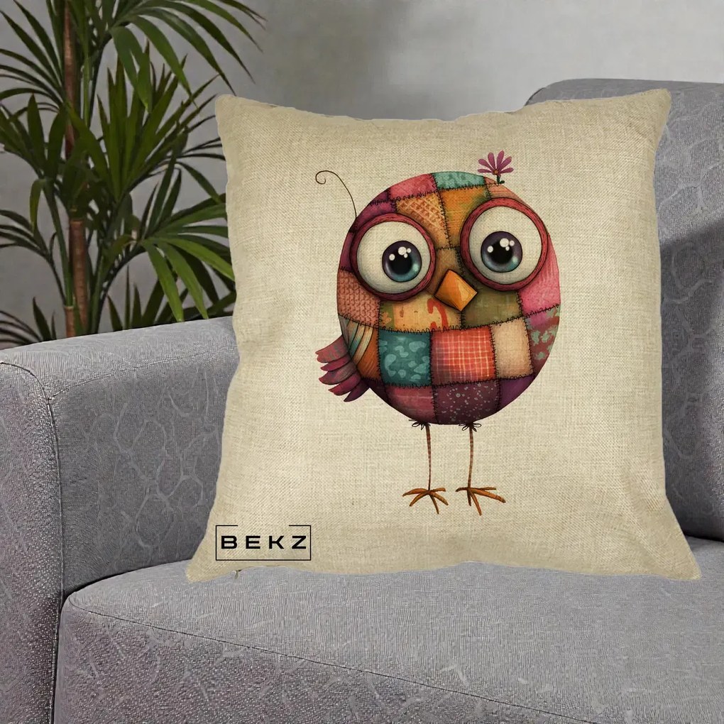 Perna Decorativa Pasare Patchwork Roz cu Floare, 40x40 cm, Crem, Husa Detasabila, Perna Inclusa, BEKZ®