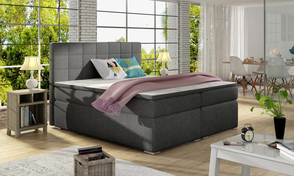 Pat matrimonial Boxspring 180 cm Abbie (gri închis) (cu saltele). 1027423
