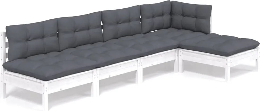 vidaXL Set mobilier grădină cu perne, 5 piese, alb, lemn de pin