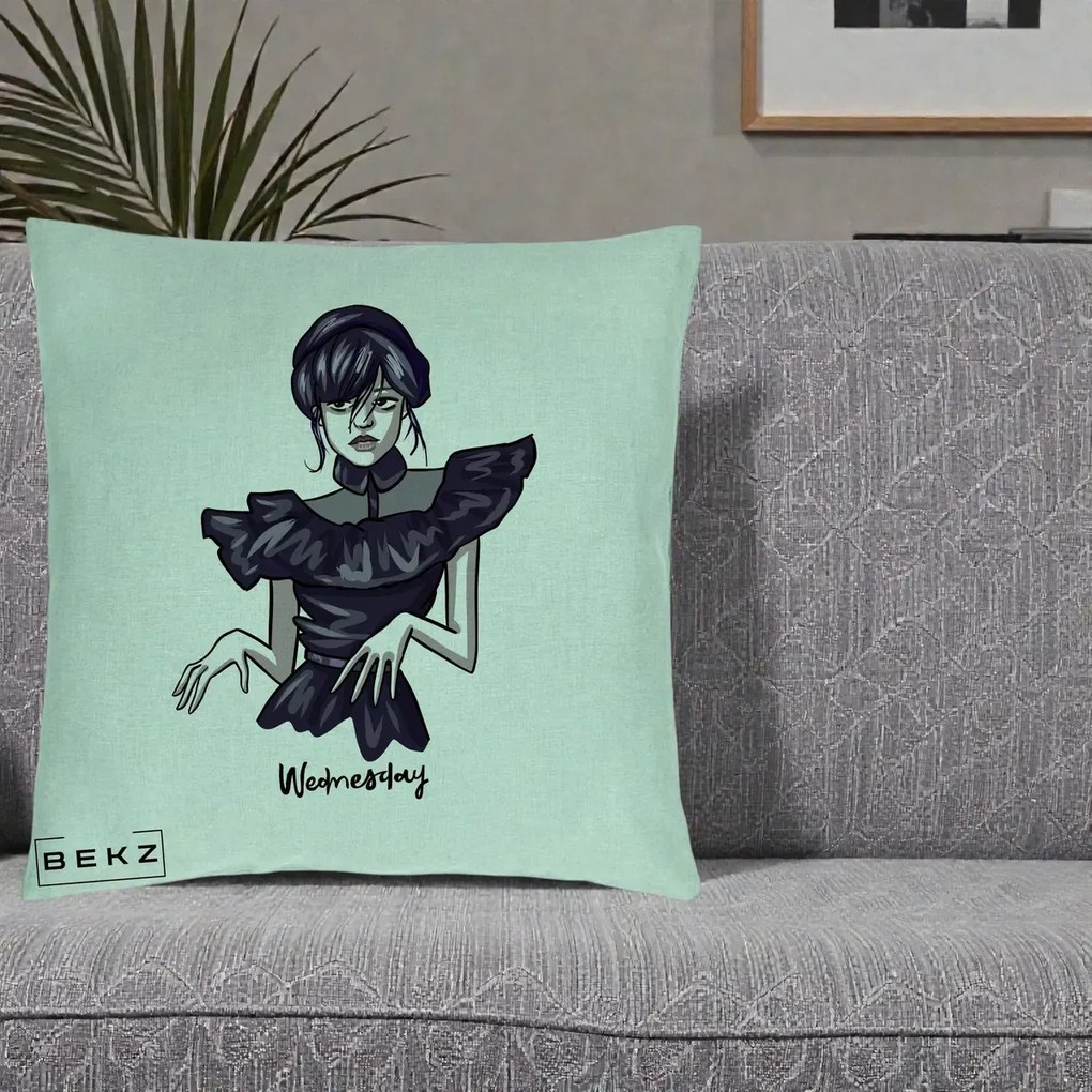 Perna Personalizata Wednesday Addams Dans Gotic, 40x40 cm, Verde Menta, Husa Detasabila, Perna Inclusa, BEKZ®