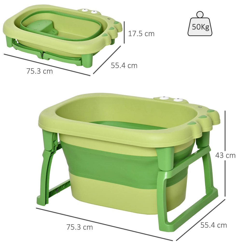 HOMCOM Cadă pentru Băiță Nou-Născuți și Copii 0-6 Ani, Plastic Antiderapant, Verde, Dimensiuni 75.3x55.4x43cm | Aosom România