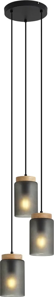 Lampă suspendată modernă neagră cu lemn și sticlă gri mat cu 3 lumini - Umbra