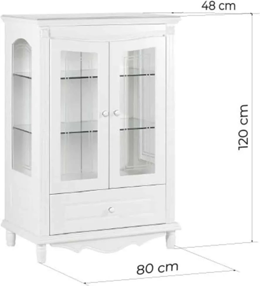 Vitrină lemn masiv alb Elizabeth 2 Uși, 80 × 48 × 120 cm