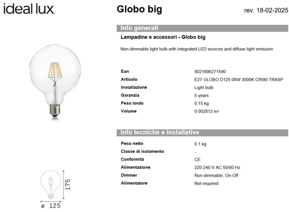 Bec LED, E27 globo d125 08w 3000k cri90 transparent
