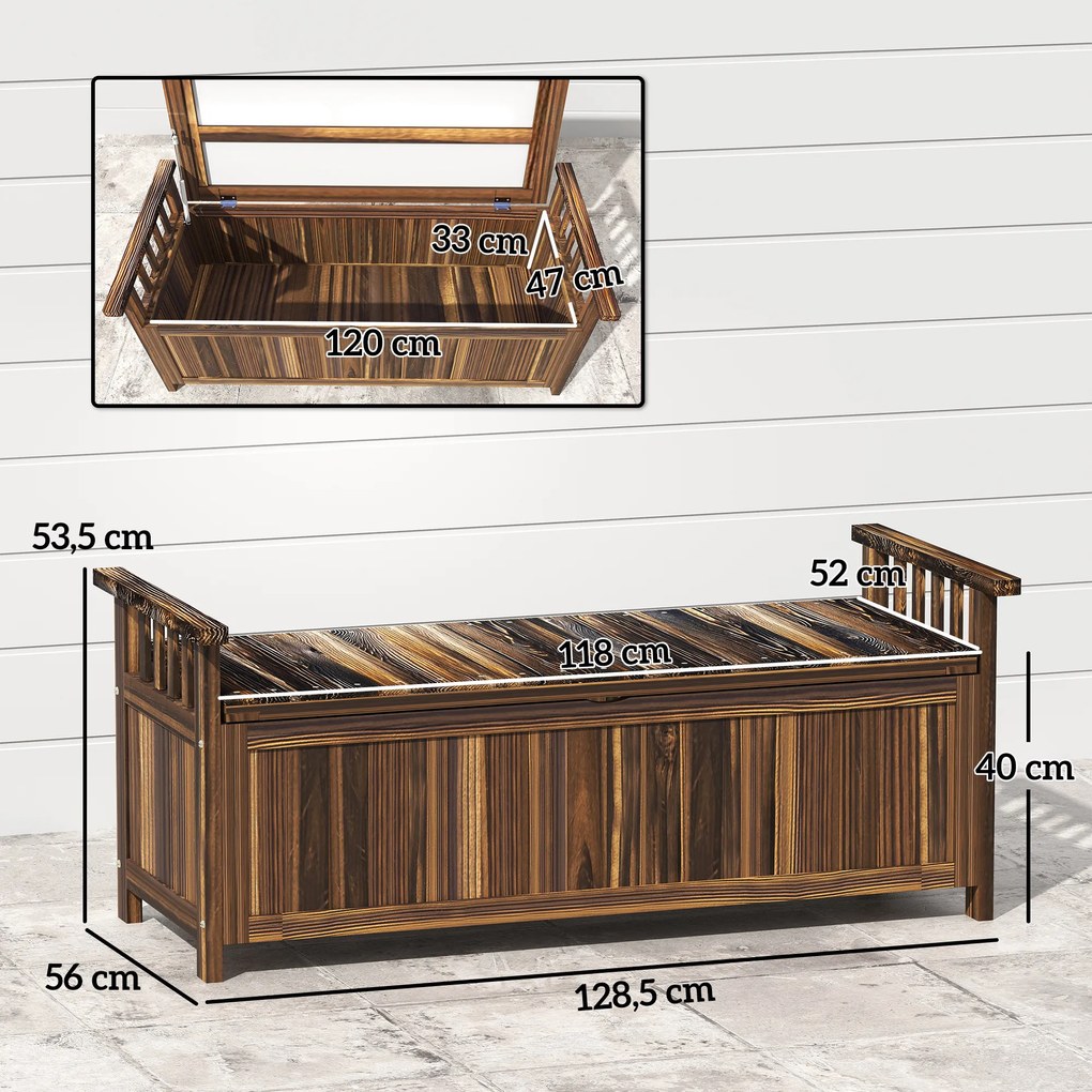 Outsunny Bancă de grădină cu 2 locuri din lemn, rezistentă la intemperii, mobilier de grădină cu spațiu de depozitare și brațe 128,5 x 56 x 53,5cm, Verkohlt | Aosom Romania