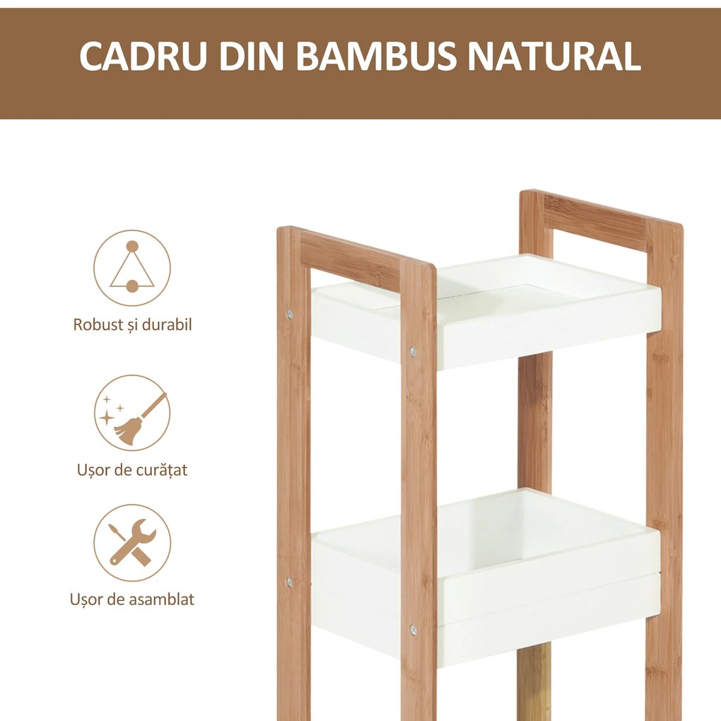 HOMCOM Dulapior Compact Baie, Raft Multifuncțional cu 3 Etajere, din MDF și Bambus, 27.5x20.8x74 cm, Alb | Aosom Romania