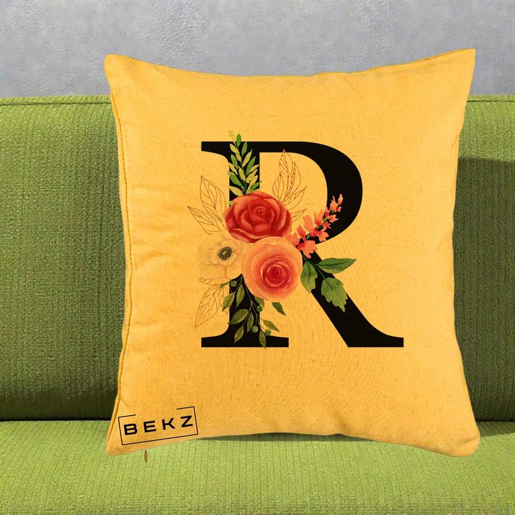 Cadou Personalizat - Perna Personalizata Monograma Florala Litera R, 40x40 cm, Galben, Husa Detasabila, Perna Inclusa, BEKZ®
