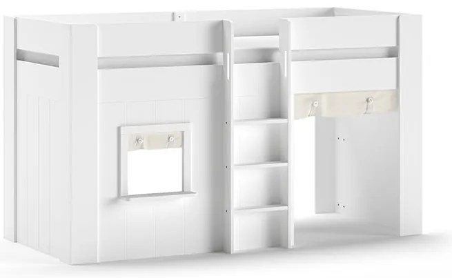 Set pat supraetajat copii RENO alb 90x200 cm cu fereastră decorativă și spațiu de joacă dedesubt – Vipack