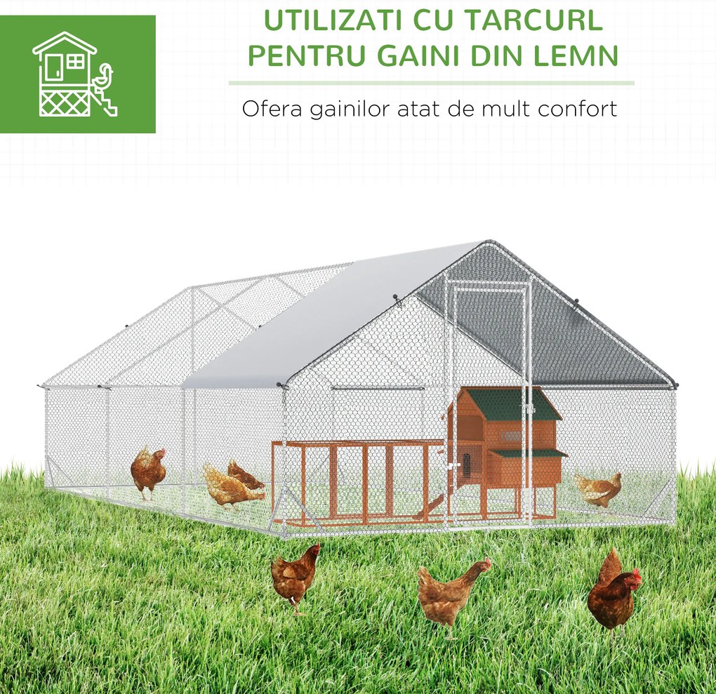 Cotet gaini PawHut cu Cadru Zincat si Plasa Hexagonala, Acoperis din Material Impermeabil pentru Gaini, Rate si Iepuri, 3x6x2m | Aosom Romania