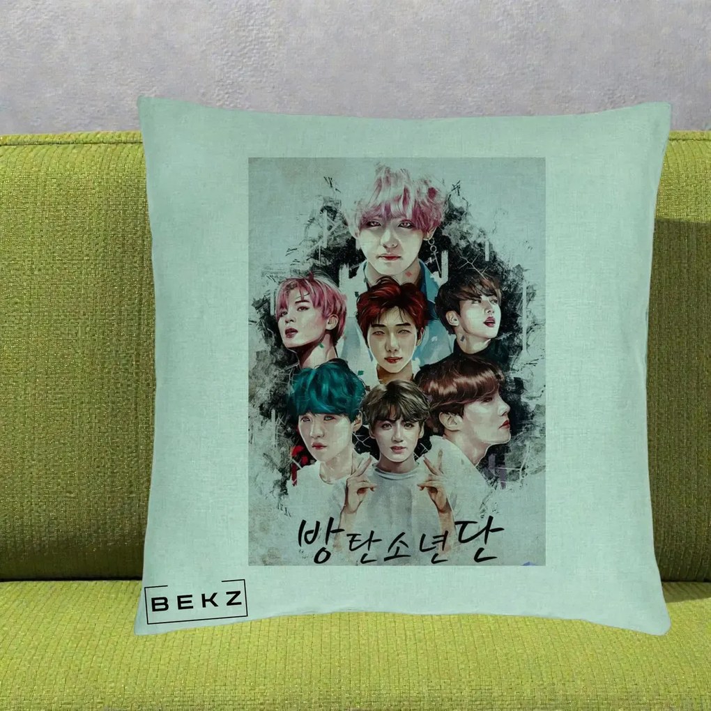 Perna Personalizata K-pop BTS Bangtan Boys Poster Artistic Negru Alb, 40x40 cm, Verde Menta, Husa Detasabila, Perna Inclusa, BEKZ®