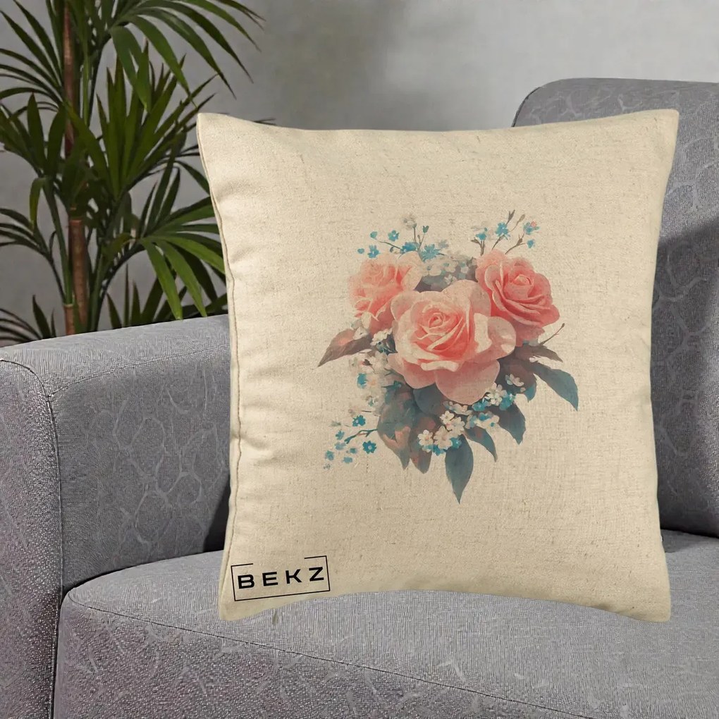 Perna Decorativa Trandafiri Roz cu Floricele Albastre, 40x40 cm, Bej, Husa Detasabila, Perna Inclusa, BEKZ®