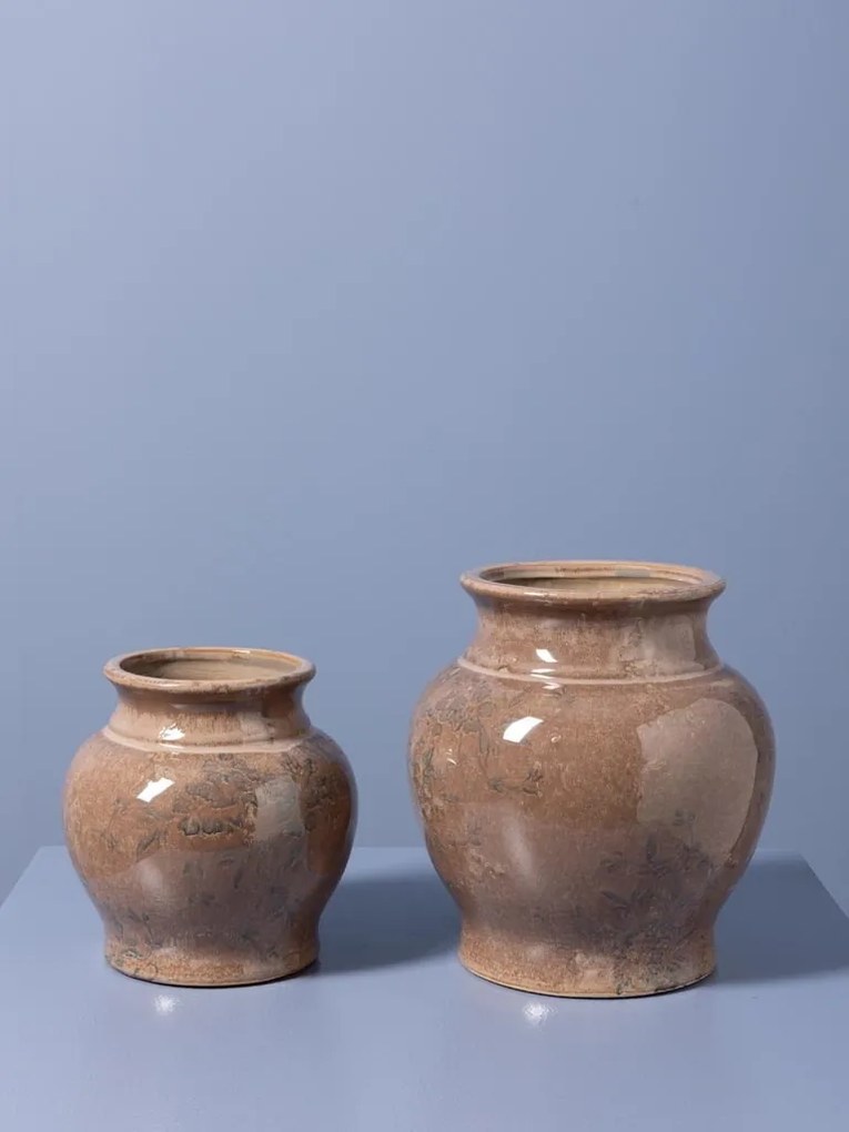 Vază din ceramică artizanală roz cu decor botanic, finisaj lucios, 20×21 cm, „Rosaire"