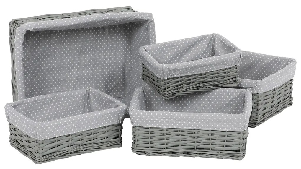 Set coșuri de răchită cu țesătură buline gri, 5 buc., 5 dimensiuni, 48 x 18 x 37 cm