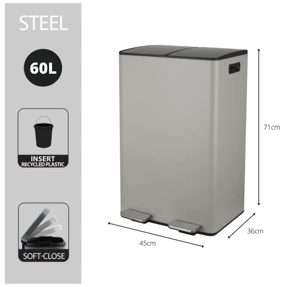 Coș de gunoi taupe pentru reciclare/cu pedală 2x30 l din oțel Aliya – Spirella