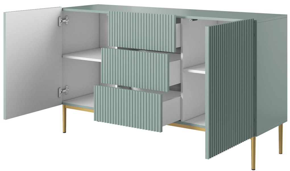 Comodă Nicole 150 cm cu trei sertare - MDF salvie / picioare aurii