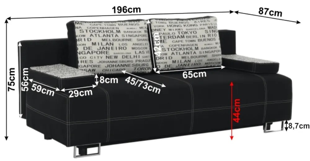 Canapea moderna cu lada depozitare,textil negru perne cu model ,196 cm lungime