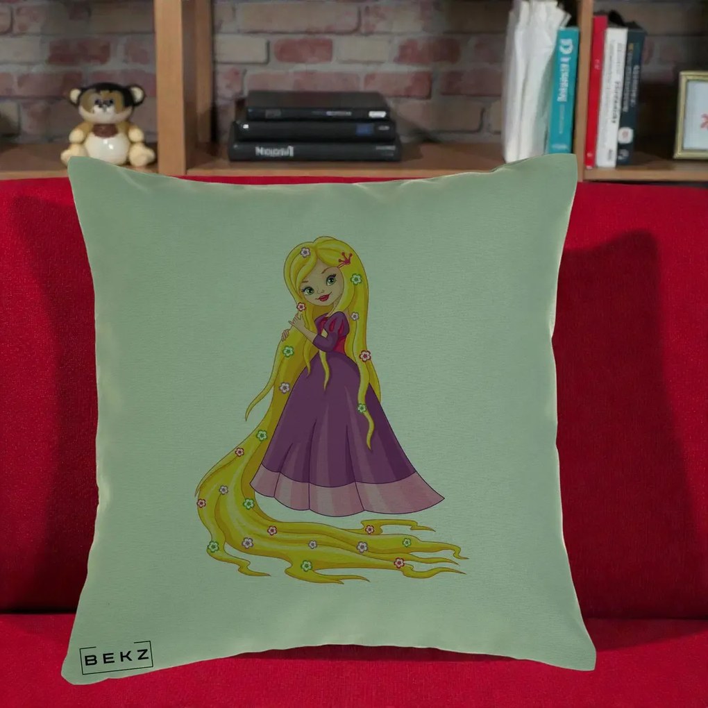 Perna Personalizata Rapunzel Par Lung Floral, 40x40 cm, Verde, Husa Detasabila, Perna Inclusa, BEKZ®