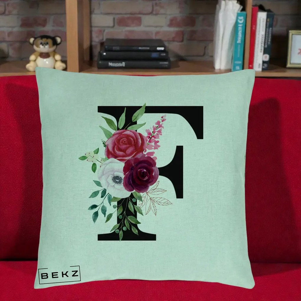 Cadou Personalizat - Perna Personalizata Monograma Florala Litera F, 40x40 cm, Verde Menta, Husa Detasabila, Perna Inclusa, BEKZ®
