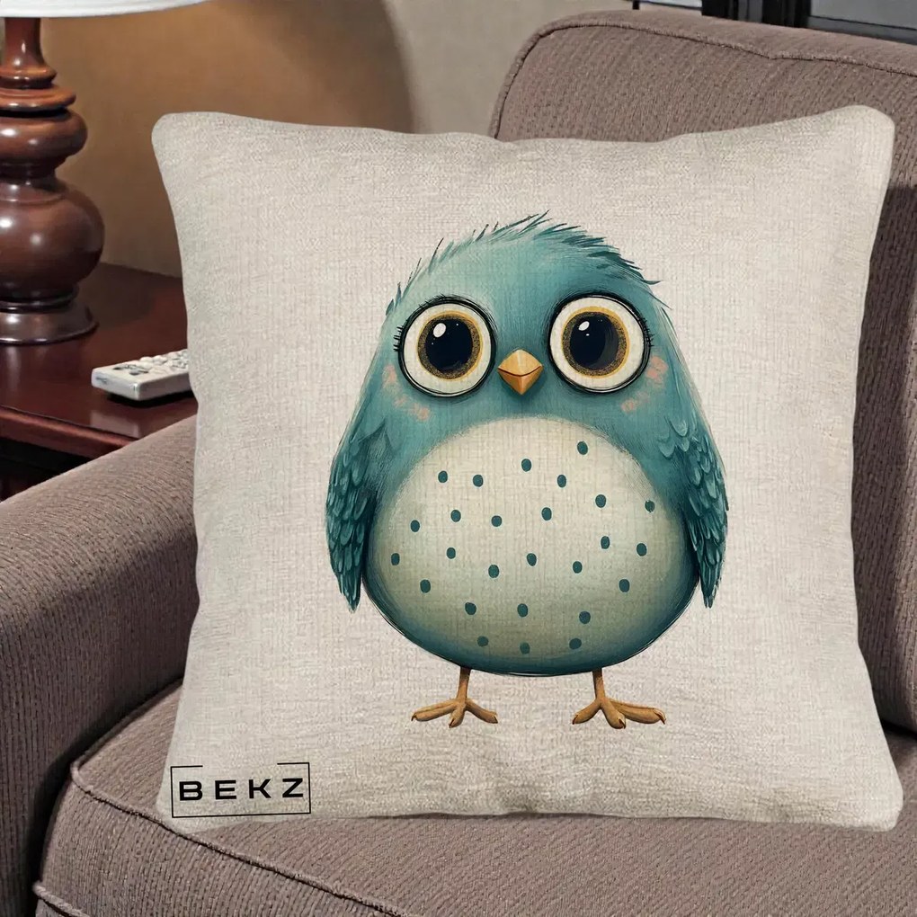 Perna Decorativa Pasare Teal cu Buline Teal, 40x40 cm, Bej Canapea, Husa Detasabila, Perna Inclusa, BEKZ®