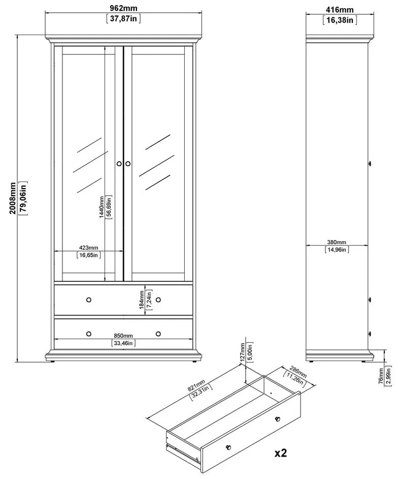 Vitrină gri 96x201 cm Paris – Tvilum